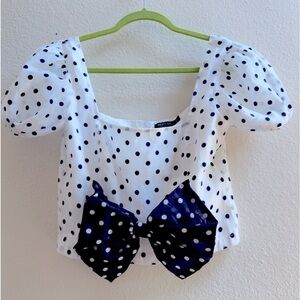 Crop white polka dot top with Black Bow Size S/M